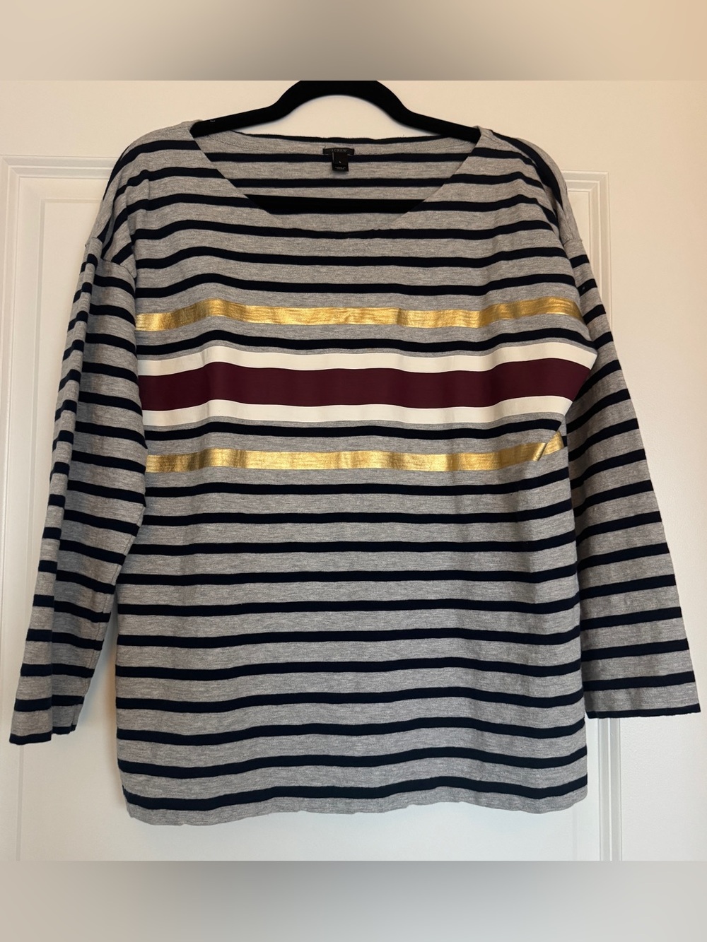 J. CREW Women’s 100% Cotton Striped Shirt Heather Gray Navy Gold Metallic Large